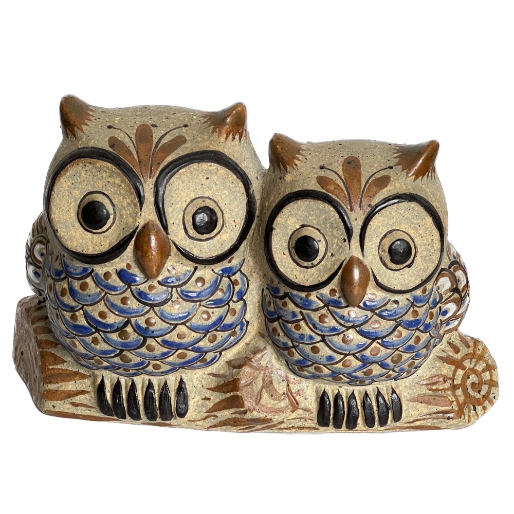 Tonala Mexican Pottery 2 Owls on Branch Hand Painted Mexico Blue Folk Art Birds